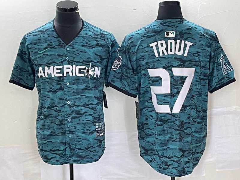 Men%27s Los Angeles Angels #27 Mike Trout Teal 2023 All Star Cool Base Stitched Jersey